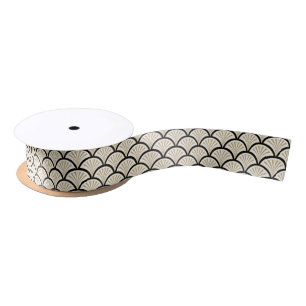 Beuge and black art-deco abstract flowers pattern satin ribbon