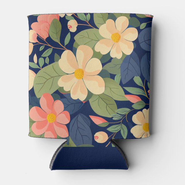 Beverage Cooler Navy Peach Pink Floral Botanical (Front)