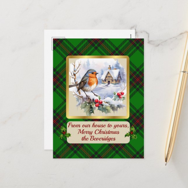 Beveridge Crest & Tartan w/Robin Personalised   Holiday Postcard (Front/Back In Situ)