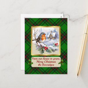Beveridge Crest & Tartan w/Robin Personalised Holiday Postcard