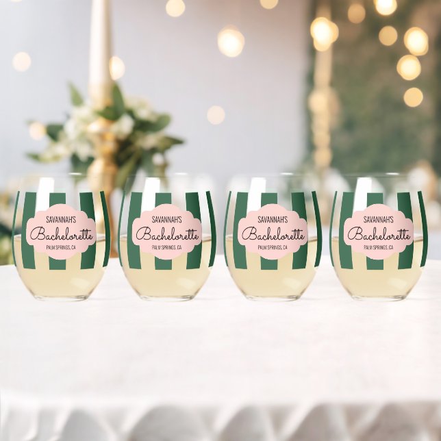 Beverly Hills Pink & Green Bachelorette Stemless Wine Glass (Insitu (Wedding))