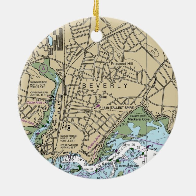Beverly MA Nautical Chart Ceramic Tree Decoration (Back)