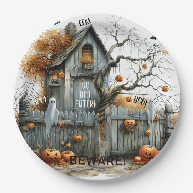 Beware & Boo – The Haunted Gatehouse Paper Plate (Front)