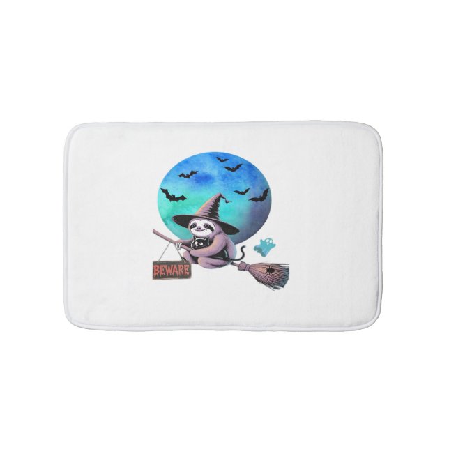 Beware Cute Witch Sloth Flying on Broom Halloween  Bath Mat (Front)