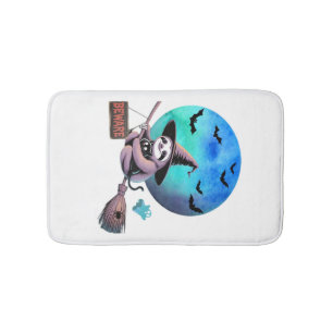 Beware Cute Witch Sloth Flying on Broom Halloween Bath Mat