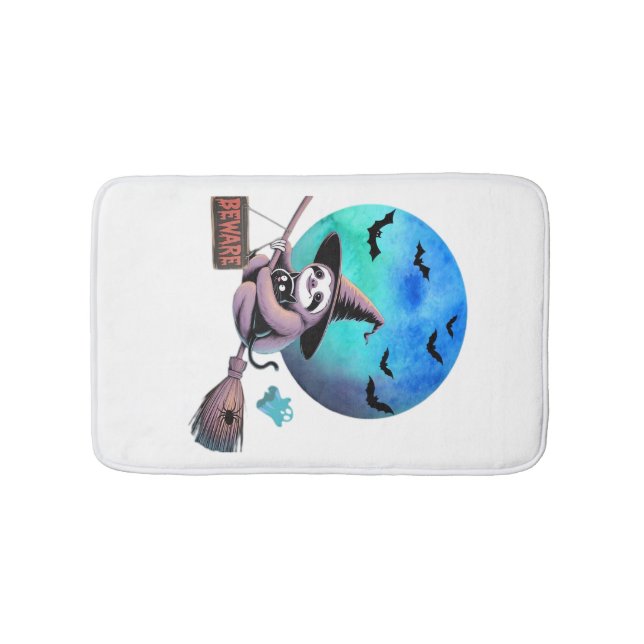 Beware Cute Witch Sloth Flying on Broom Halloween  Bath Mat (Front)