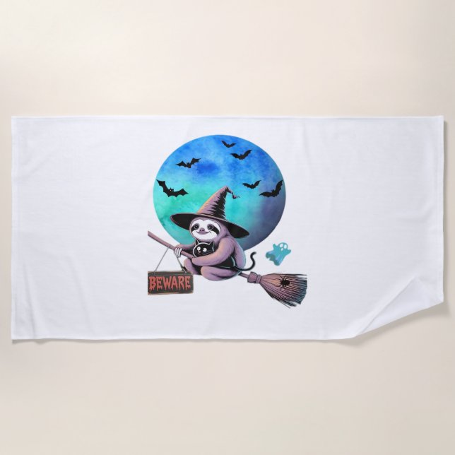 Beware Cute Witch Sloth Flying on Broom Halloween  Beach Towel (Front)