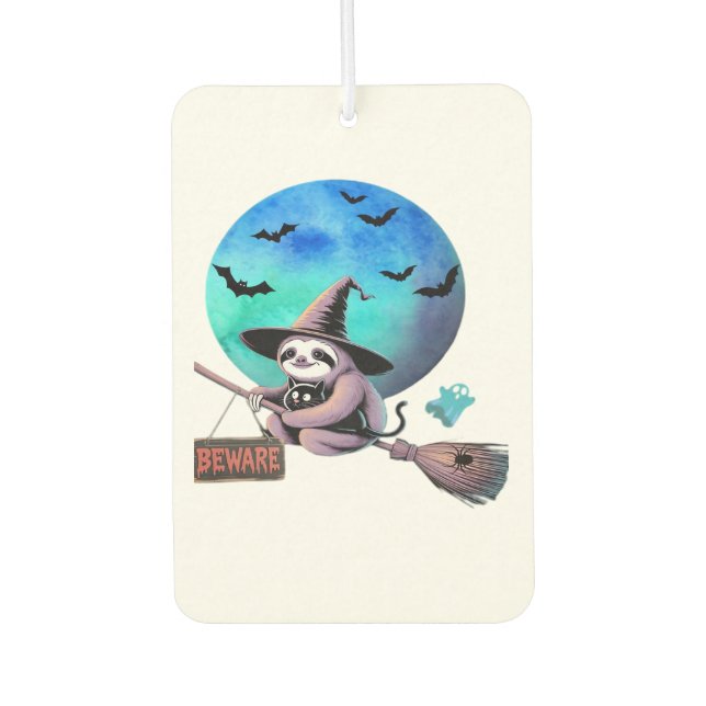 Beware Cute Witch Sloth Flying on Broom Halloween  Car Air Freshener (Front)