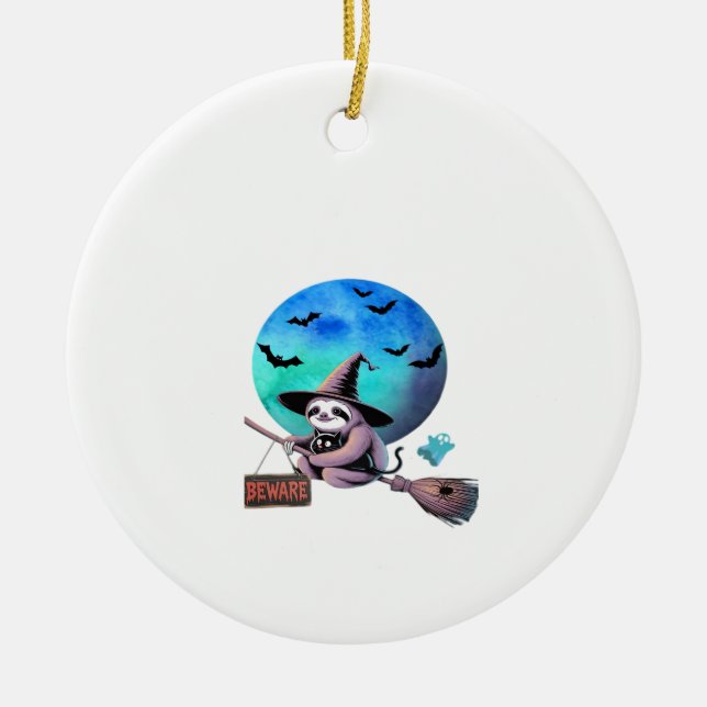 Beware Cute Witch Sloth Flying on Broom Halloween  Ceramic Tree Decoration (Front)