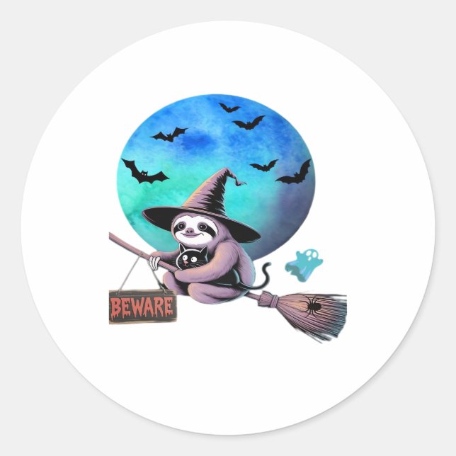 Beware Cute Witch Sloth Flying on Broom Halloween  Classic Round Sticker (Front)