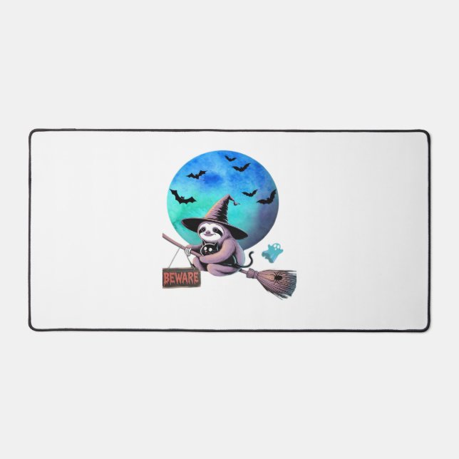 Beware Cute Witch Sloth Flying on Broom Halloween  Desk Mat (Front)