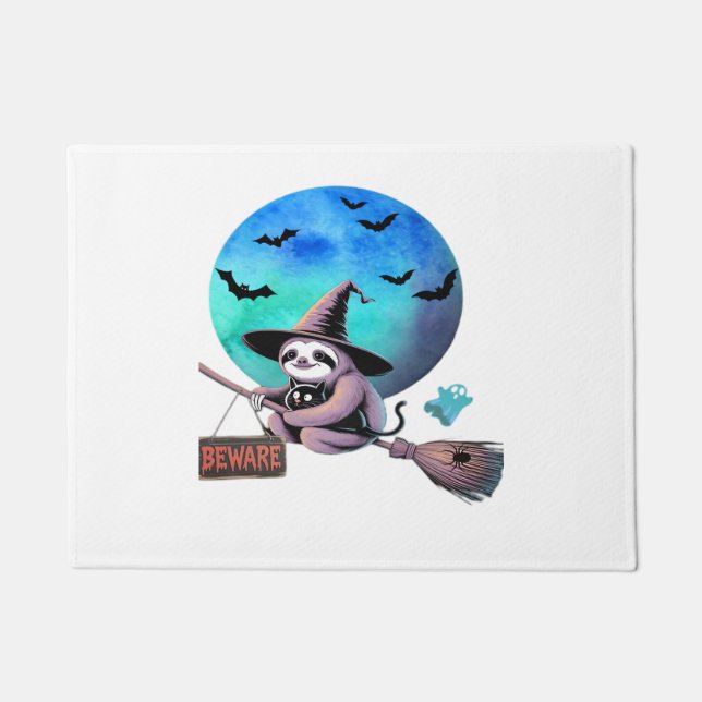 Beware Cute Witch Sloth Flying on Broom Halloween  Doormat (Front)