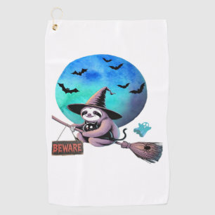 Beware Cute Witch Sloth Flying on Broom Halloween  Golf Towel