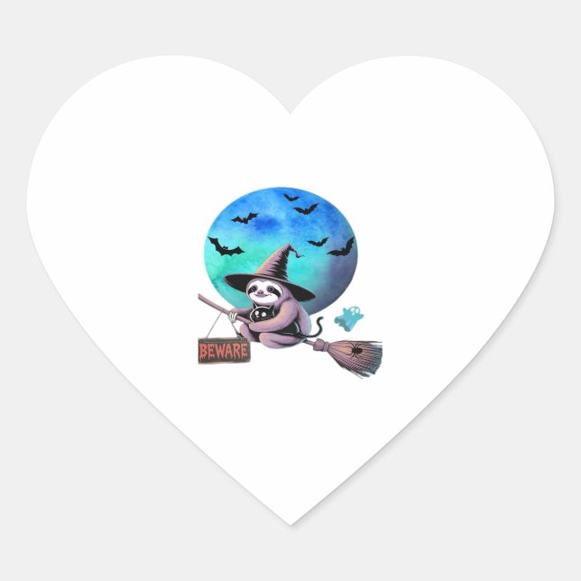 Beware Cute Witch Sloth Flying on Broom Halloween  Heart Sticker (Front)