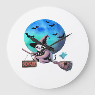 Beware Cute Witch Sloth Flying on Broom Halloween Large Clock