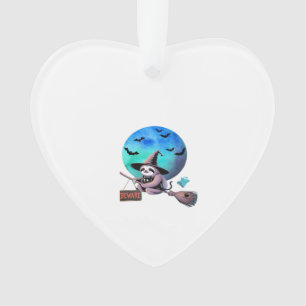 Beware Cute Witch Sloth Flying on Broom Halloween  Ornament