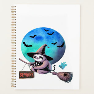 Beware Cute Witch Sloth Flying on Broom Halloween Planner