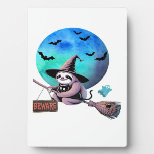 Beware Cute Witch Sloth Flying on Broom Halloween Plaque