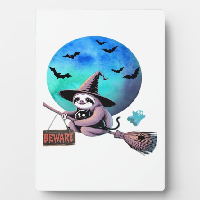 Beware Cute Witch Sloth Flying on Broom Halloween  Plaque (Front)