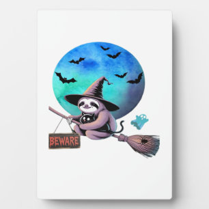 Beware Cute Witch Sloth Flying on Broom Halloween Plaque