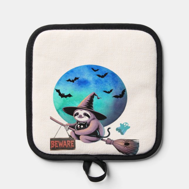 Beware Cute Witch Sloth Flying on Broom Halloween  Pot Holder (Front)