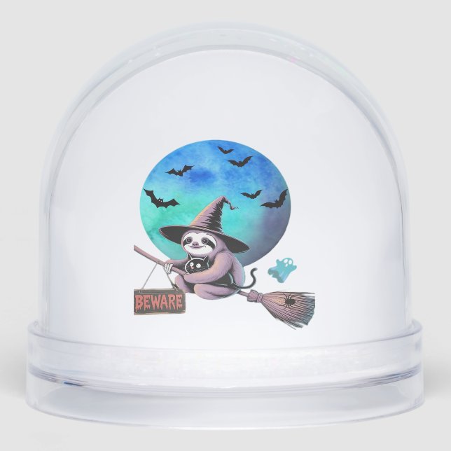 Beware Cute Witch Sloth Flying on Broom Halloween  Snowglobe (Front)