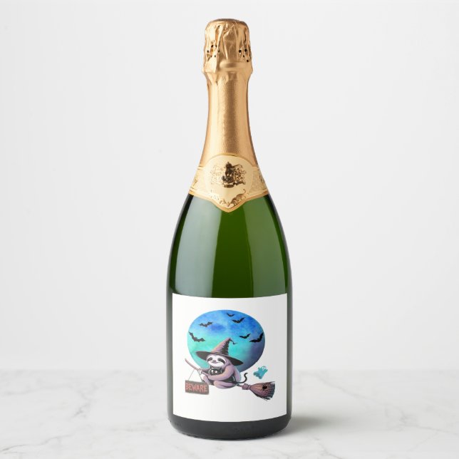 Beware Cute Witch Sloth Flying on Broom Halloween  Sparkling Wine Label (Front)