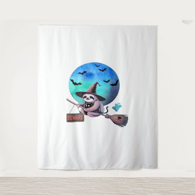 Beware Cute Witch Sloth Flying on Broom Halloween  Tapestry (Front)