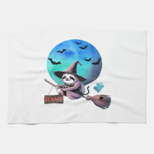 Beware Cute Witch Sloth Flying on Broom Halloween  Tea Towel