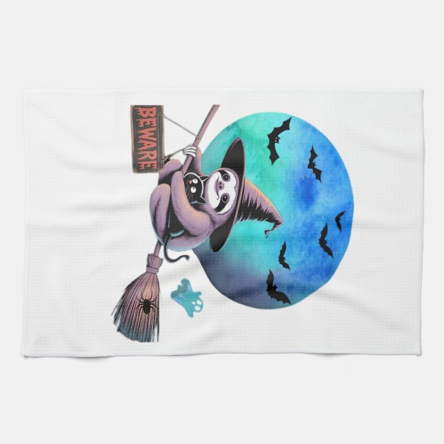 Beware Cute Witch Sloth Flying on Broom Halloween  Tea Towel (Horizontal)