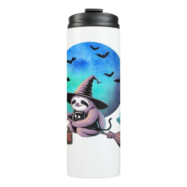 Beware Cute Witch Sloth Flying on Broom Halloween  Thermal Tumbler (Front)