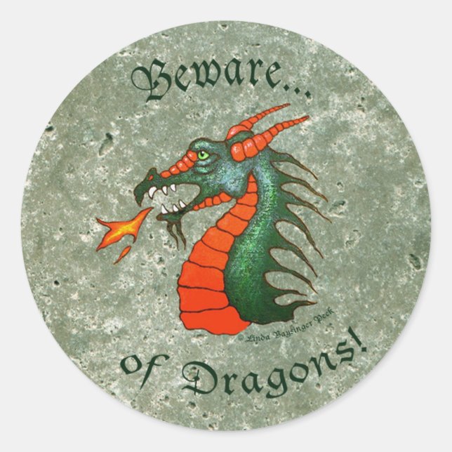 Beware Dragons Stone Green Faux Marble Classic Round Sticker (Front)