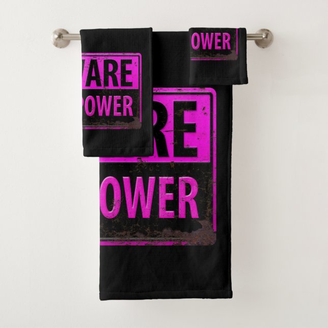 BEWARE Girl Power - Pink Black Metal Danger Sign Bath Towel Set (Insitu)