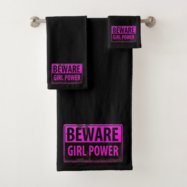 BEWARE Girl Power - Pink Black Metal Danger Sign Bath Towel Set (Insitu)