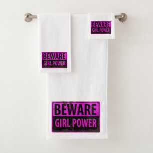 BEWARE Girl Power - Pink Black Metal Danger Sign Bath Towel Set