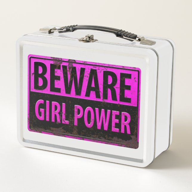 BEWARE Girl Power - Pink Black Metal Danger Sign Lunch Box (Front)