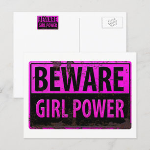 BEWARE Girl Power - Pink Black Metal Danger Sign Postcard