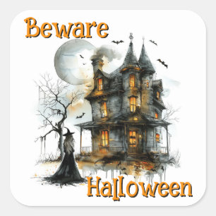 Beware Halloween – A Haunted Nightfall Warning Square Sticker