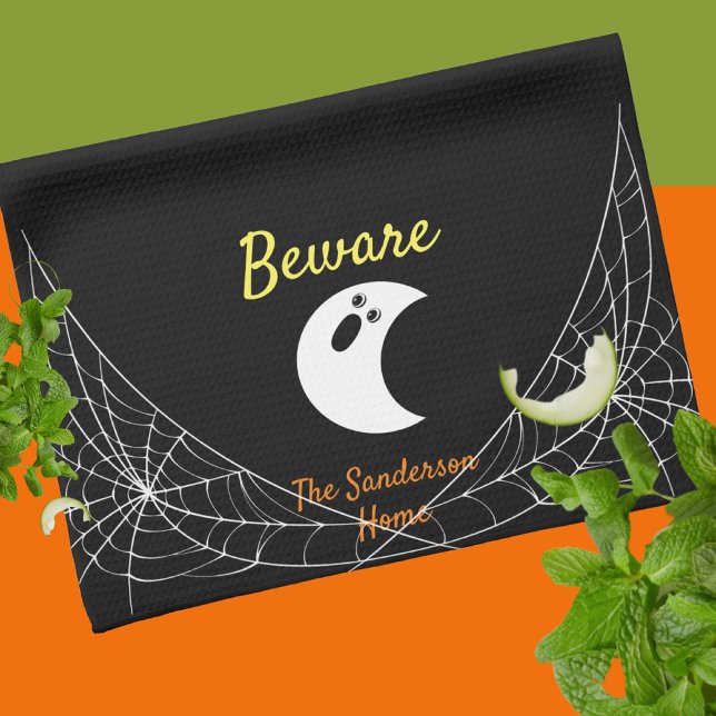 Beware Modern Minimalistic Ghost Halloween Family Tea Towel (Creator Uploaded)