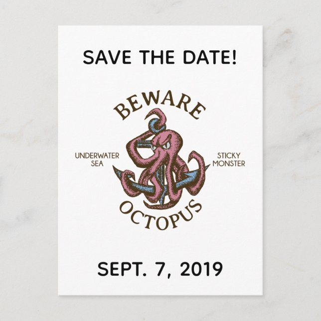 Beware Octopus Nautical Creature Save the Date Invitation Postcard (Front)