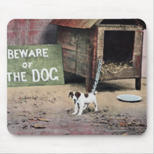 Beware of dog sign with small dog mouse mat