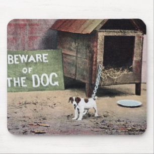 Beware of dog sign with small dog mouse mat