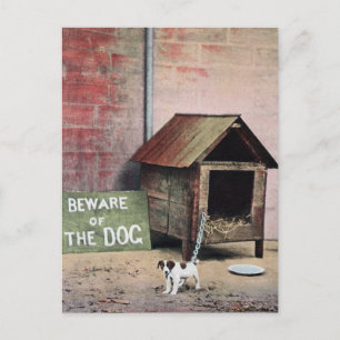 Beware of dog sign with small dog postcard