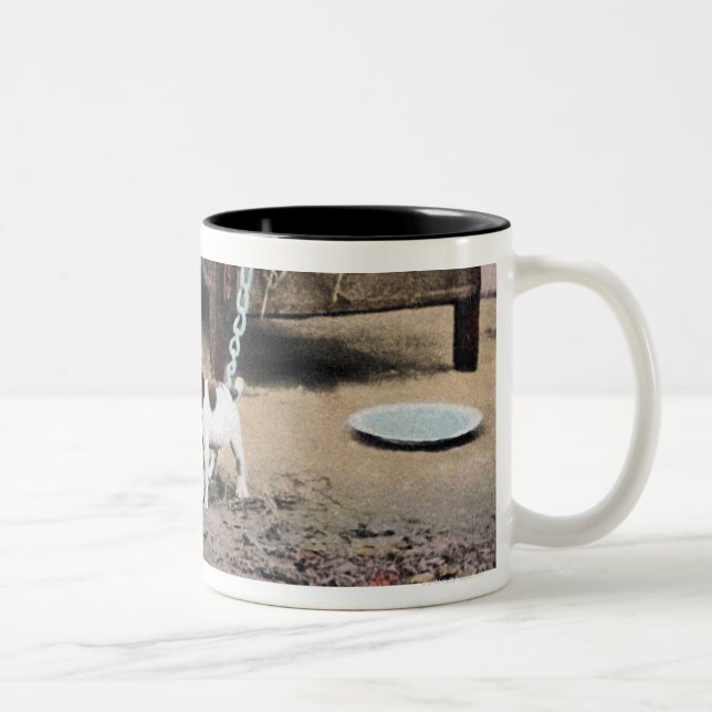 Beware of dog sign with small dog Two-Tone coffee mug (Right)