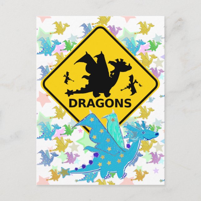 Beware of Dragons Blue Cartoon Dragon Postcard (Front)