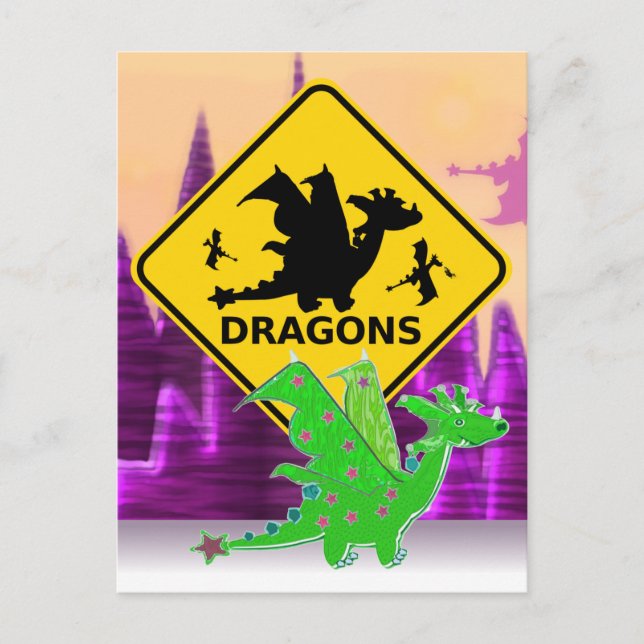 Beware of Dragons Sign Cute Cartoon Dragon Postcard (Front)