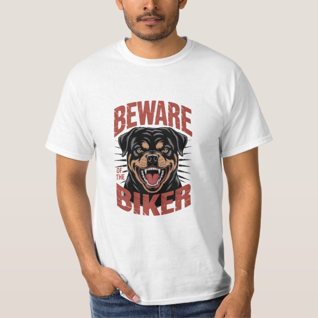 Beware of the Biker Rottweiler Dog Design T-Shirt (Front)