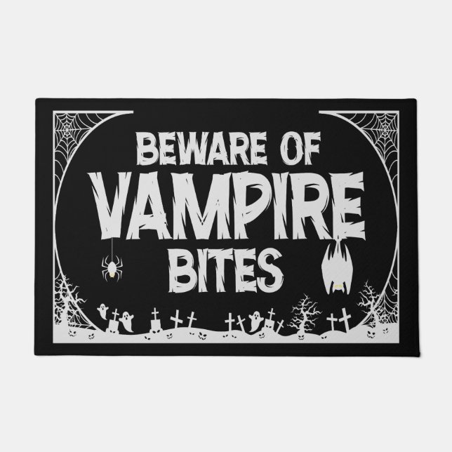 Beware Of Vampire Bites Funny Spooky Halloween Bat Doormat (Front)