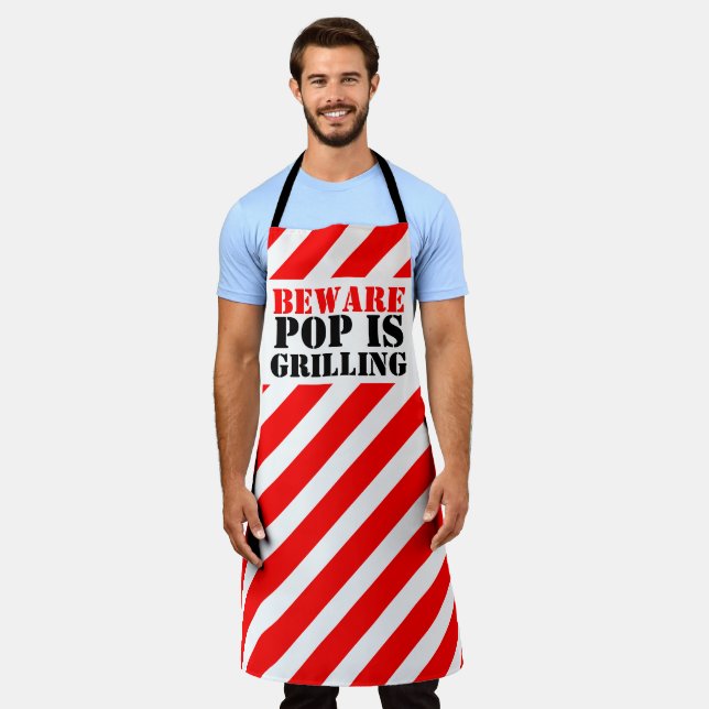 BEWARE Pop is grilling graphic red caution stripes Apron (Worn)