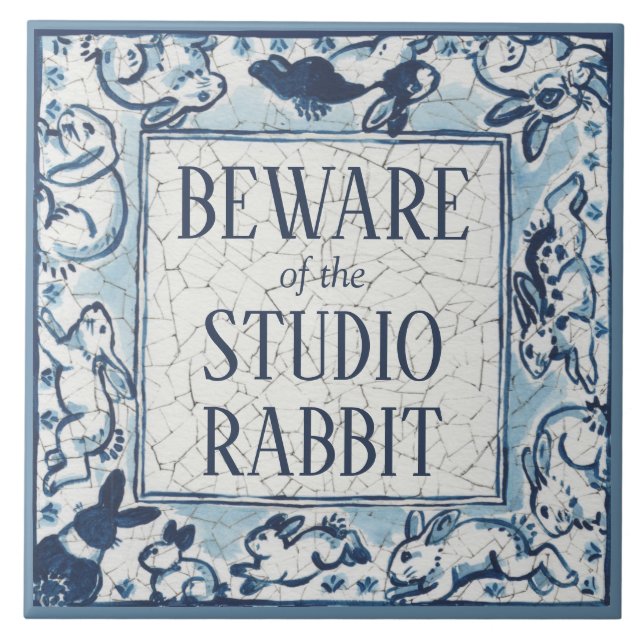Beware Studio Rabbit Delft Blue White Sign Dedham Tile (Front)